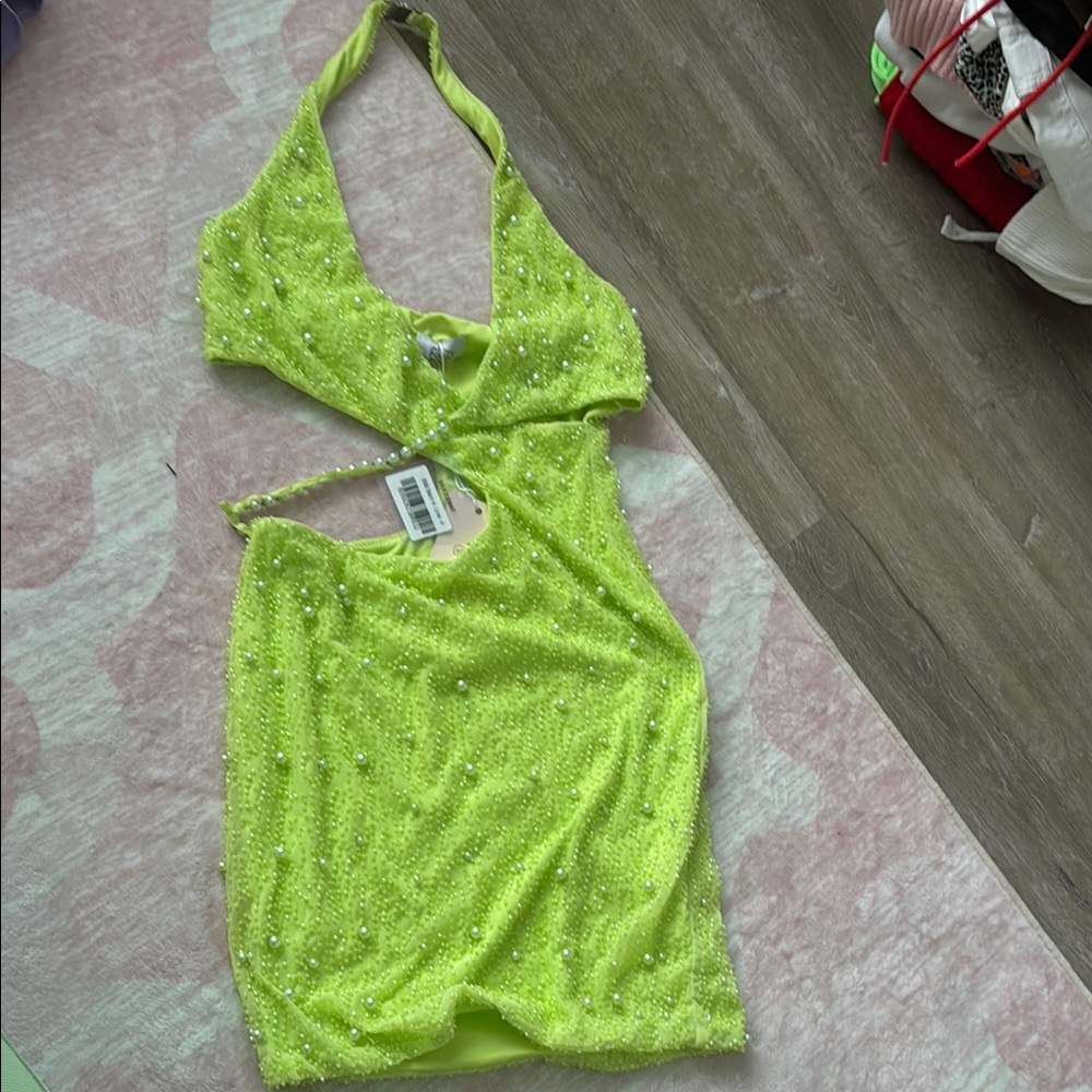 Oh Polly Neon Lime Embellished Mini Dress